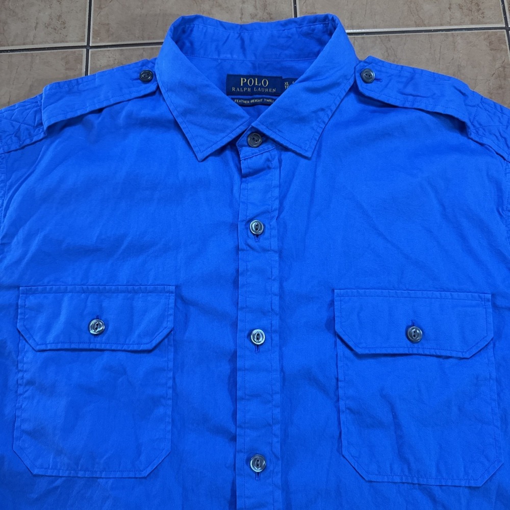 Polo Ralph Lauren Shirt Mens Sz XL Blue‎ Feather Weight Twill Epaulets Safari - Picture 2 of 8
